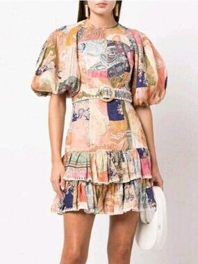 ZIMMERMANN Multi-Color Linen Anneke Ruffle Hem Patchwork Mini Dress Sz 2